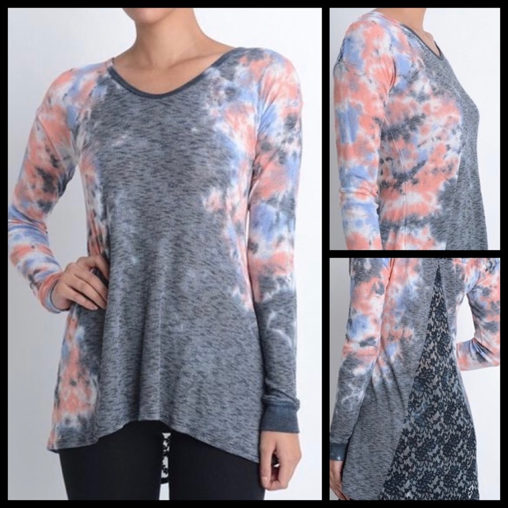 T Party Tie Die High Low Lace Ribbed Thermal Top